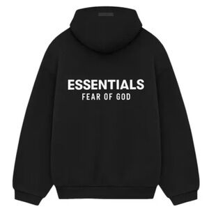 Fear of God Essentials Black Hoodie with White Text (XS-XL)